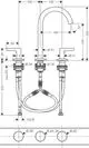 Waschtischarmatur mit drei Anschlüssen und einem hohen Auslauf. Sie verfügt über eine Push-Open Ablaufgarnitur. Teil der AXOR Produktlinie. Technische Maße sind abgebildet.